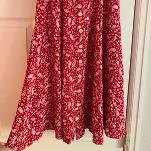 Mid length button up front red long skirt size 4
